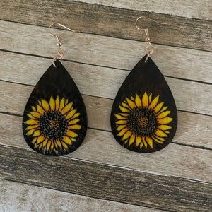 Wooden sunflower teardrop earrings